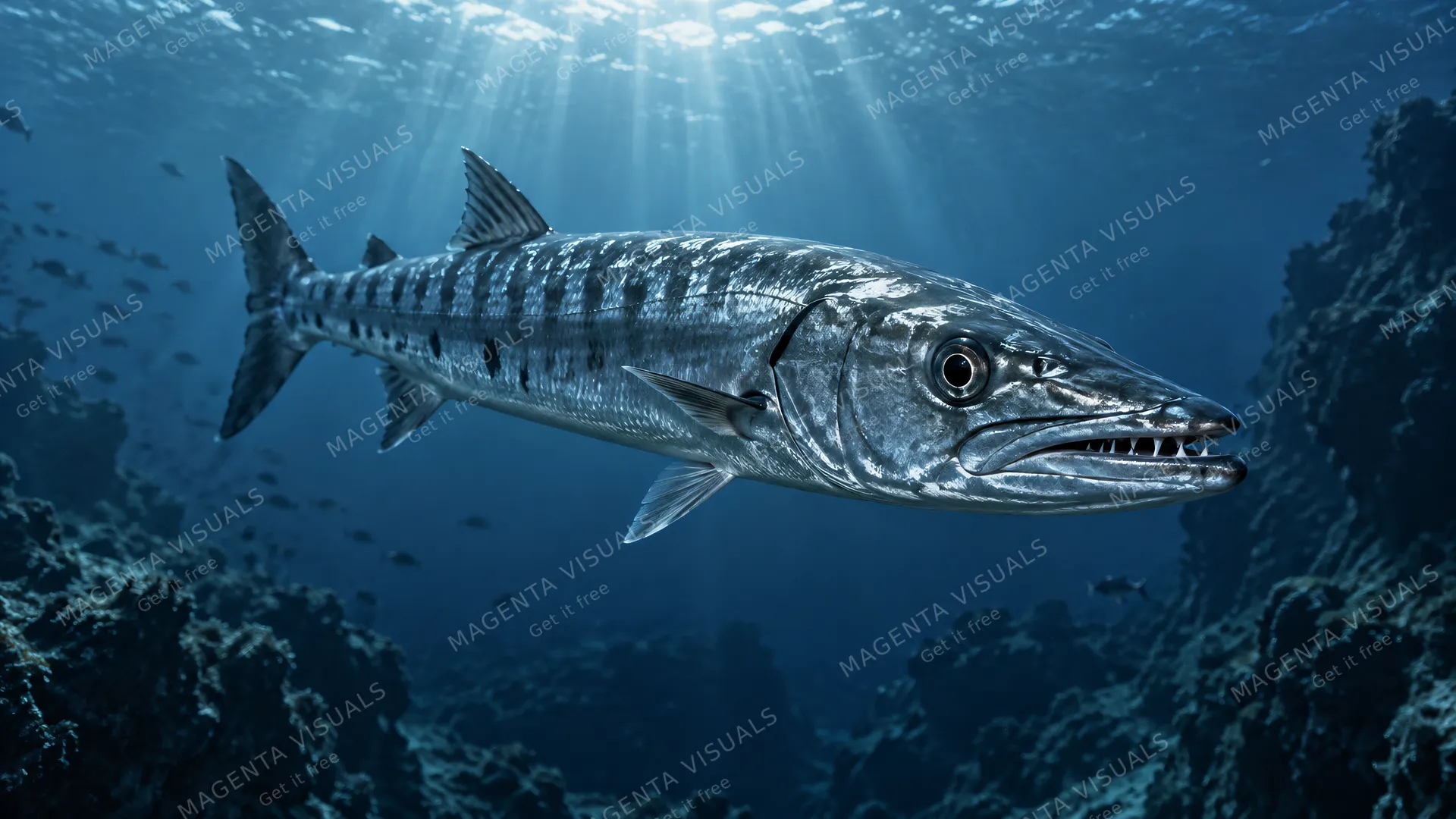 4K 16:9 widescreen desktop wallpaper, full-bleed cinematic underwater photoreal photograph of a silver barracuda hanging in midwater like a knife, making eye contact, a quiet still l…