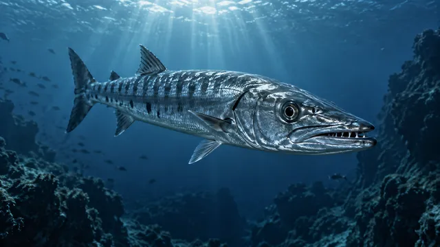 4K 16:9 widescreen desktop wallpaper, full-bleed cinematic underwater photoreal photograph of a silver barracuda hanging in midwater like a knife, making eye contact, a quiet still l…