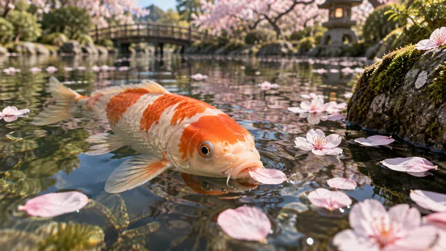 4K 16:9 widescreen desktop wallpaper, sweet fish photo that makes you smile, cute pet photo of a koi-like carp nosing cherry petals at a pond surface, orange and cream.