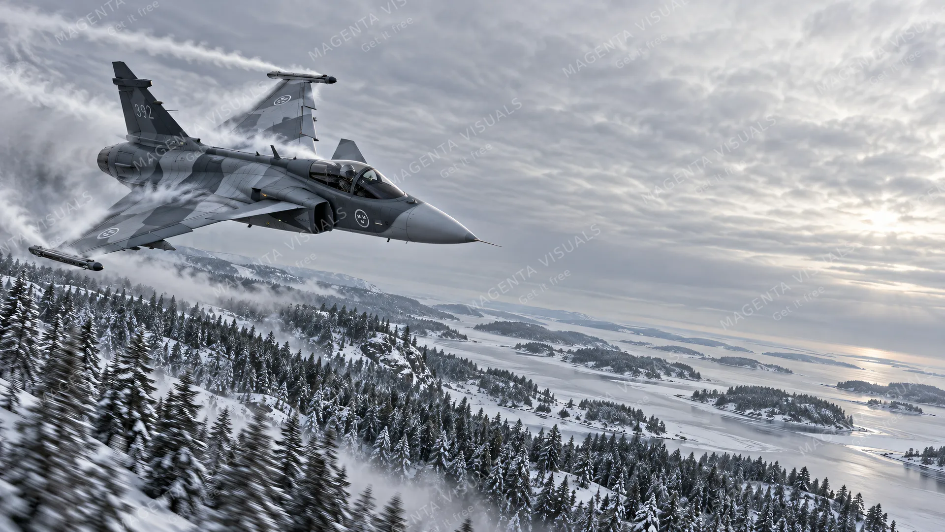 4K wallpaper of A breathtaking 16:9 widescreen desktop wallpaper capturing a sub-zero winter patrol over frozen Swedish pine forests and a snowbound archipelago.