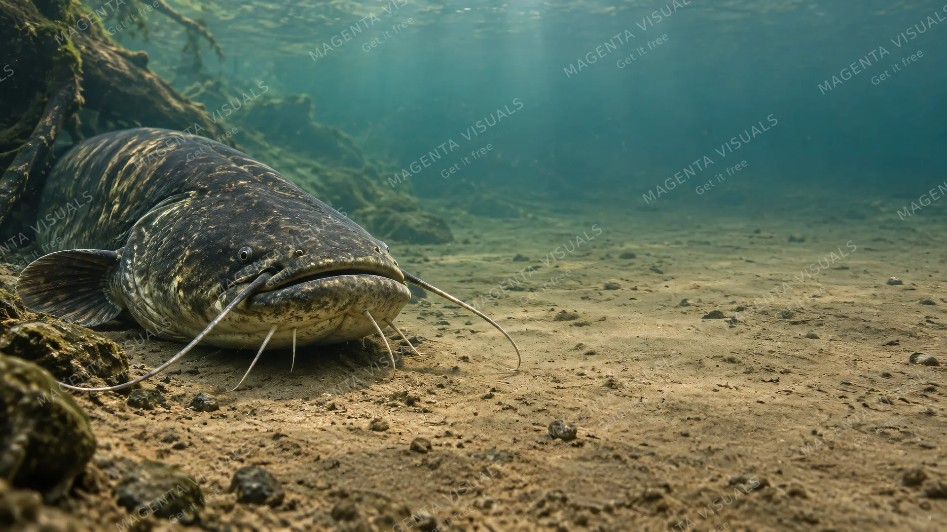 4K 16:9 widescreen desktop wallpaper of a living fish companion wonder-animal showing wild beauty, whiskered giant resting on a sandy riverbed left, right empty silt, empty right, qu…