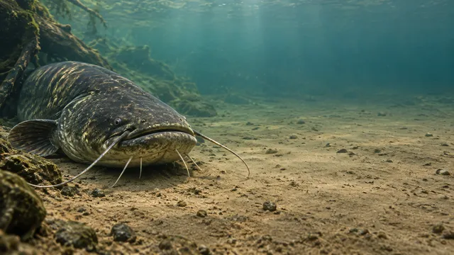 4K 16:9 widescreen desktop wallpaper of a living fish companion wonder-animal showing wild beauty, whiskered giant resting on a sandy riverbed left, right empty silt, empty right, qu…