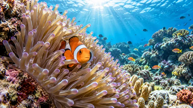 4K 16:9 widescreen desktop wallpaper, cute pet photo of an orange clownfish darting into a swaying anemone in action.