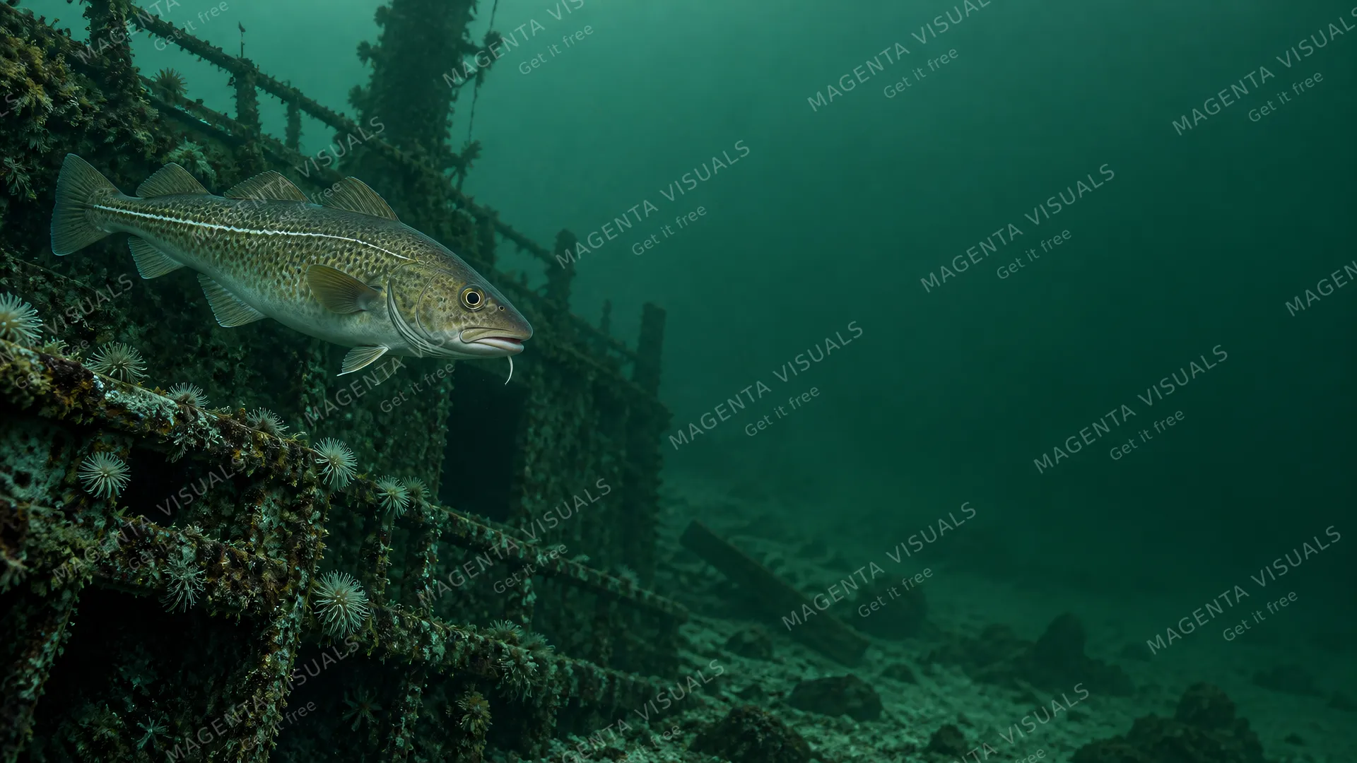 4K 16:9 widescreen desktop wallpaper of a wild living fish companion, an Atlantic cod hovering over a cold wreck on the left, right empty green gloom.