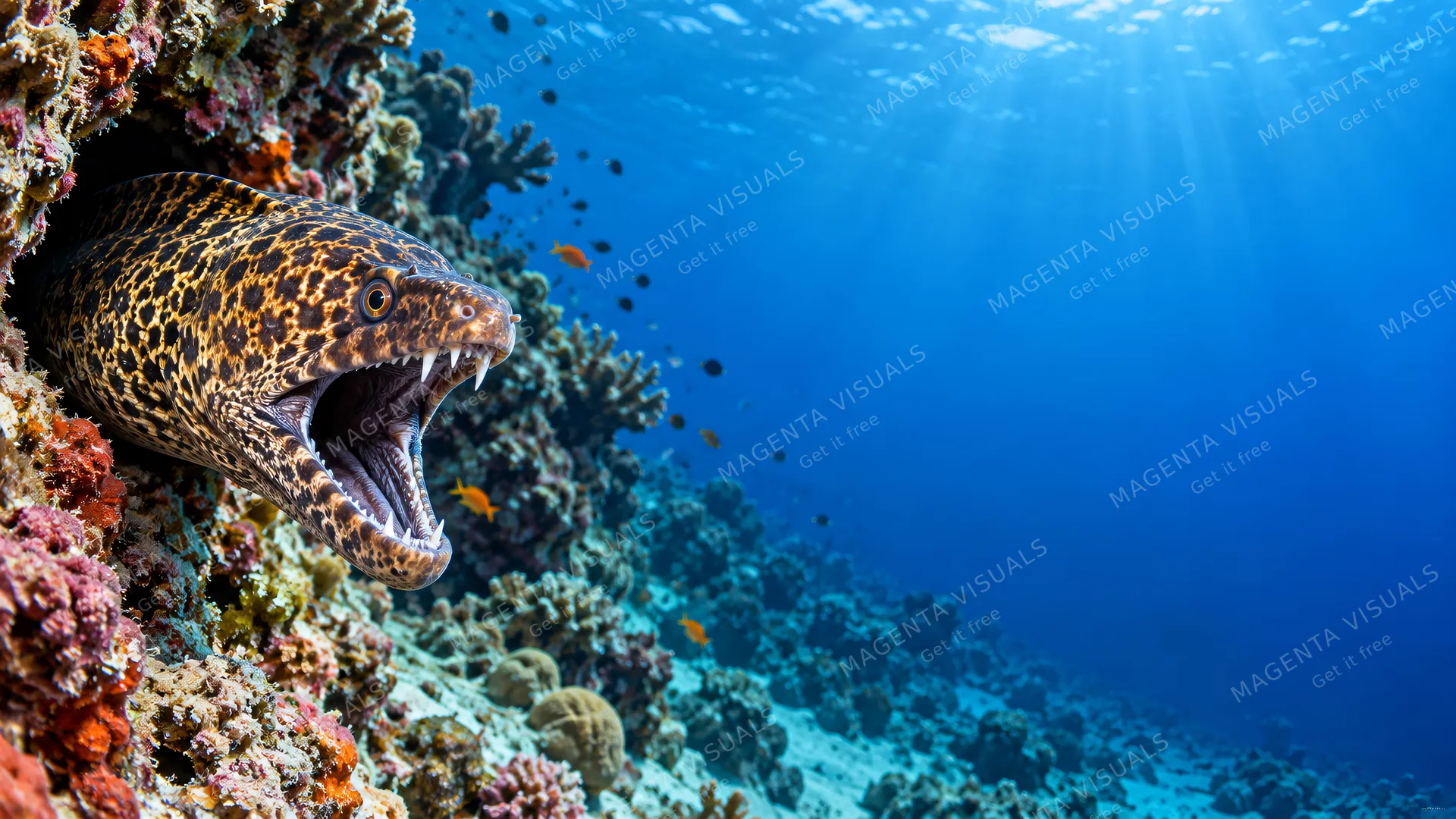 4K 16:9 widescreen desktop wallpaper showcasing the wild beauty of a living wonder-animal, featuring a moray lunging from a reef hole on the left in action.