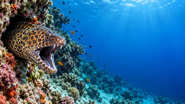 4K 16:9 widescreen desktop wallpaper showcasing the wild beauty of a living wonder-animal, featuring a moray lunging from a reef hole on the left in action.