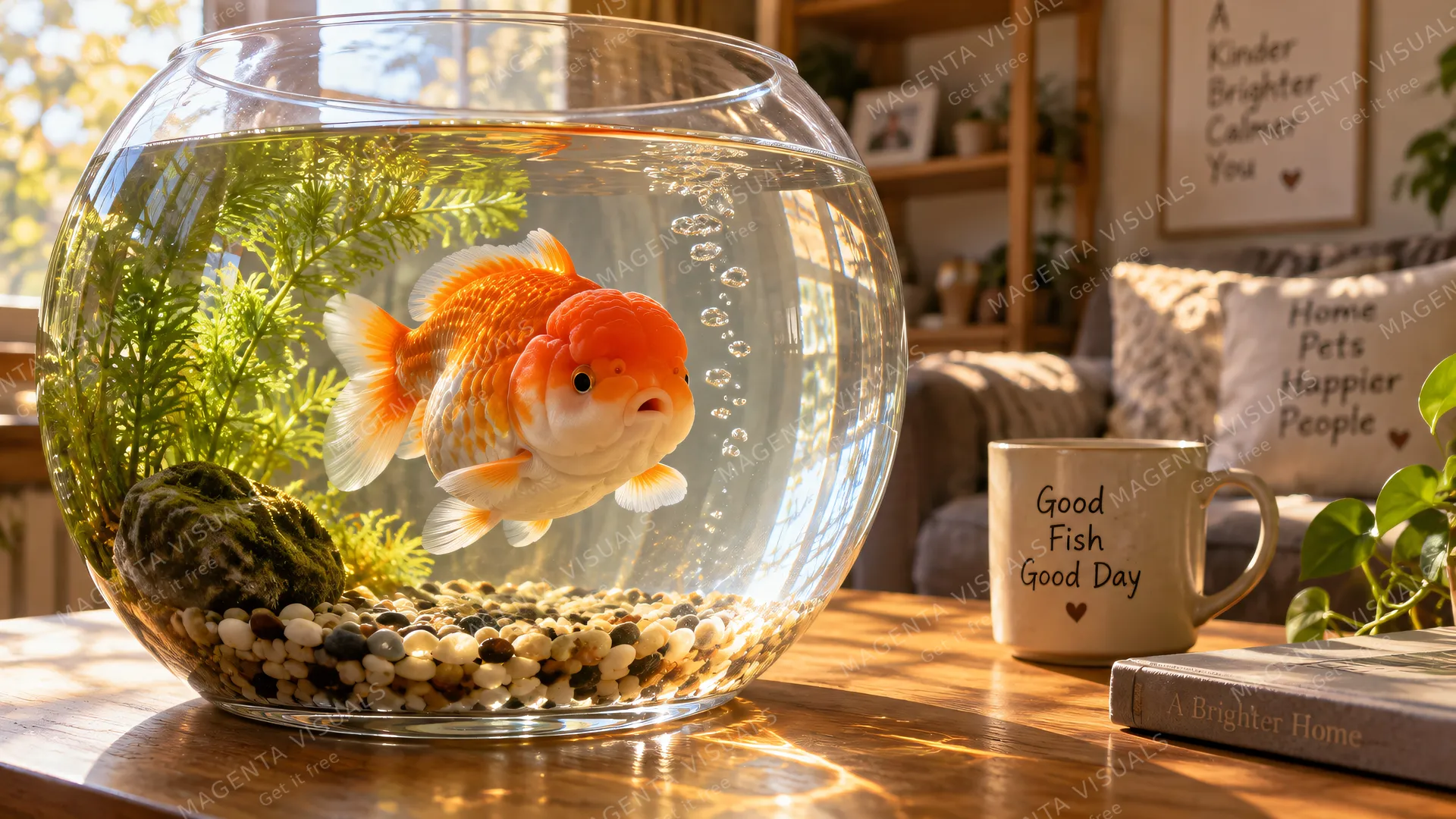 4K 16:9 widescreen desktop wallpaper, cute pet photo, quiet still sweet fish photo that makes you smile of a round ranchu goldfish in a sunlit bowl, gentle bubbles rising, capturing…
