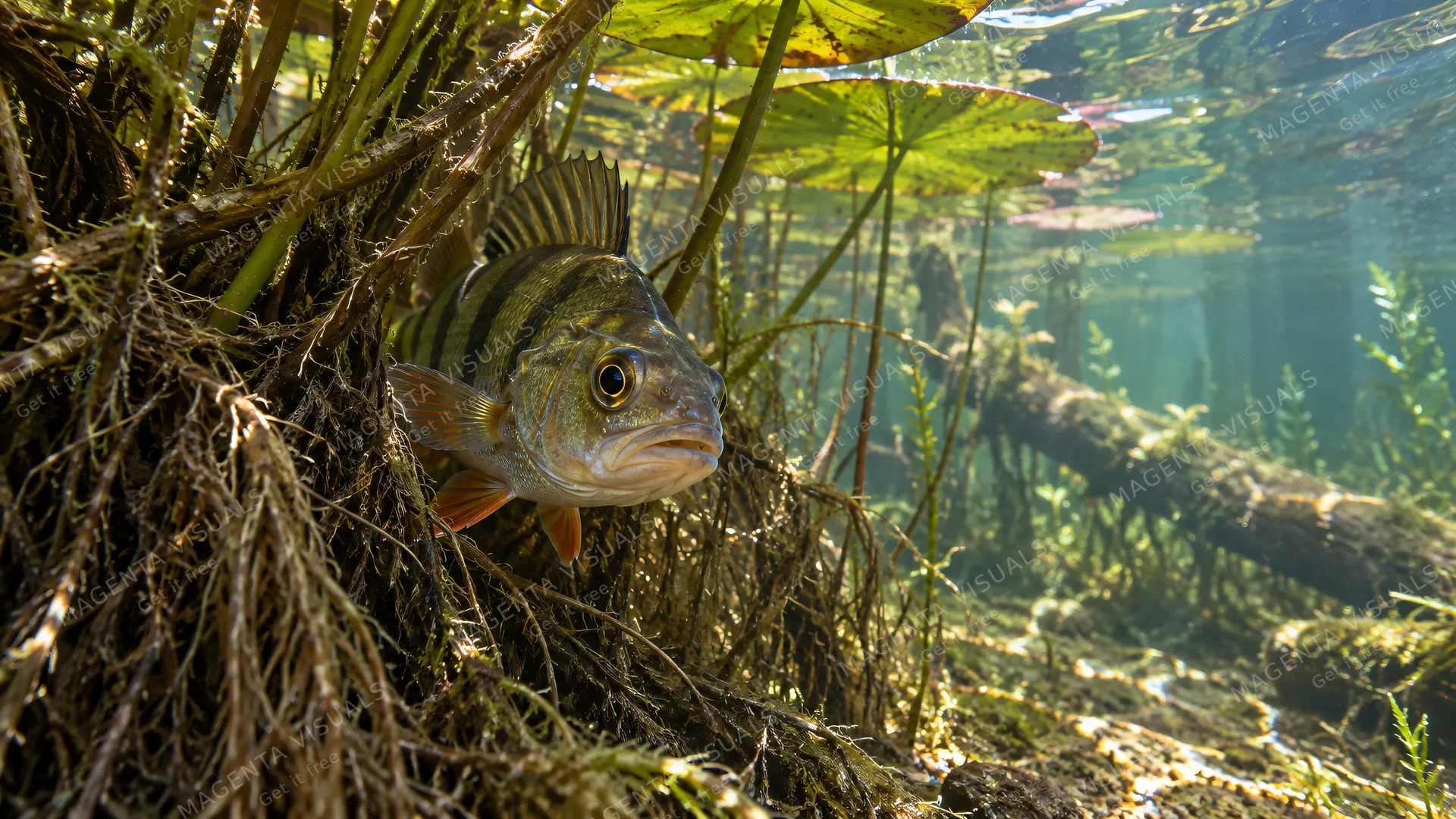 4K A 16:9 widescreen desktop wallpaper of a sweet, photorealistic striped perch peering from lily roots, showing off a curious round eye in a quiet still underwater scene.