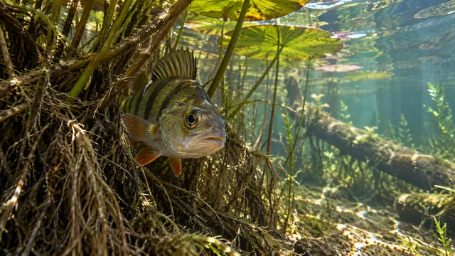 4K A 16:9 widescreen desktop wallpaper of a sweet, photorealistic striped perch peering from lily roots, showing off a curious round eye in a quiet still underwater scene.