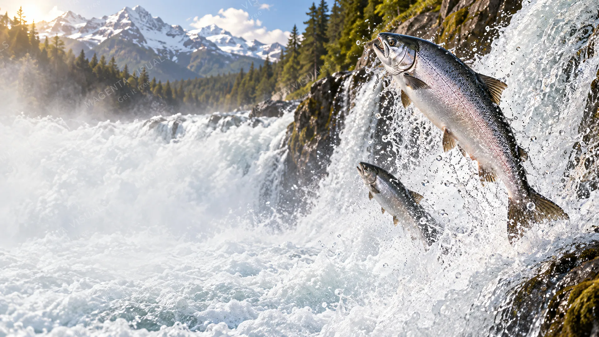 4K 16:9 widescreen desktop wallpaper, empty left, in action, chrome salmon exploding up a waterfall on the right, left empty white water, living fish companion, wild beauty, majestic…