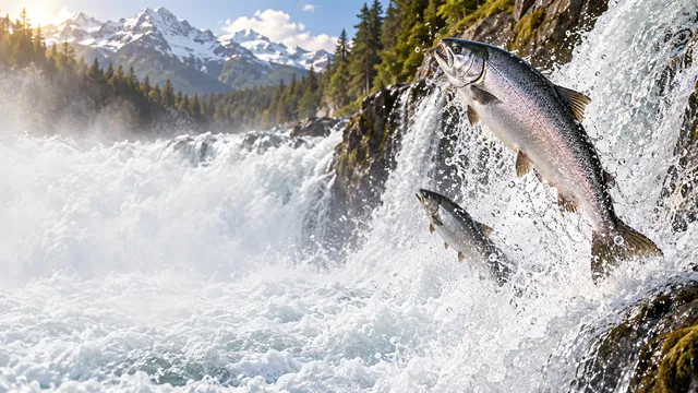 4K 16:9 widescreen desktop wallpaper, empty left, in action, chrome salmon exploding up a waterfall on the right, left empty white water, living fish companion, wild beauty, majestic…