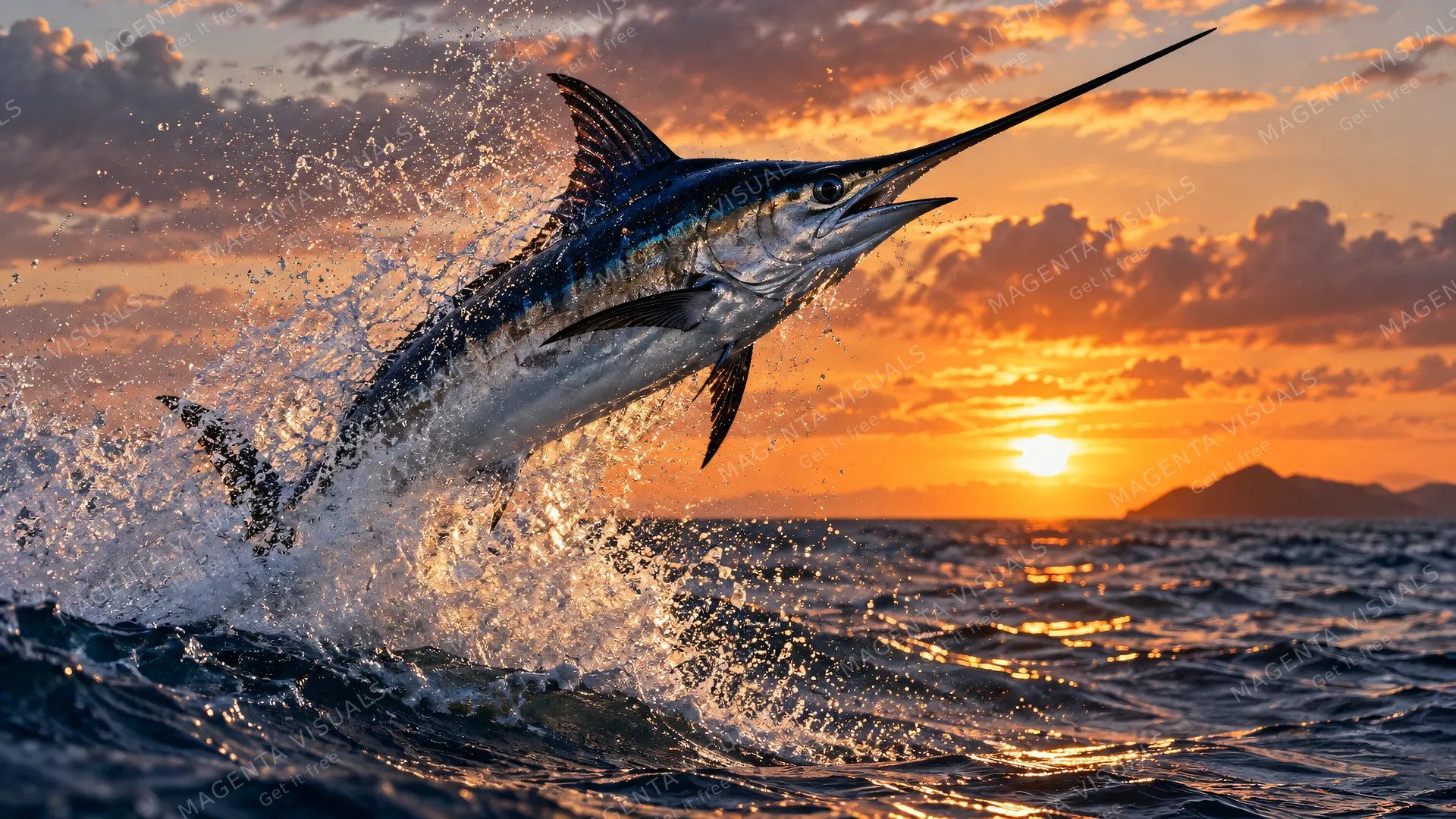 4K 16:9 widescreen desktop wallpaper photoreal photograph of a swordfish in action, a majestic billfish launching through a wave at sunset with spray freeze, capturing its wild beaut…