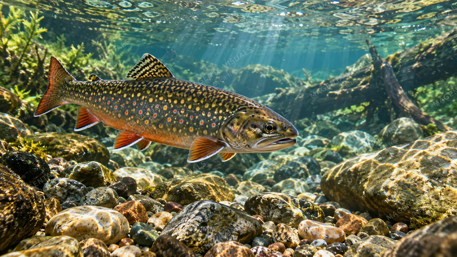 4K 16:9 widescreen desktop wallpaper, full-bleed cinematic underwater photoreal photograph of a spotted brook trout in gin-clear shallows, with pebbles like jewels scattered across t…