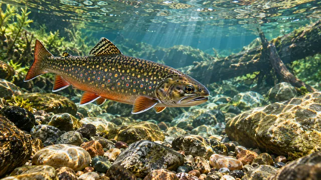 4K 16:9 widescreen desktop wallpaper, full-bleed cinematic underwater photoreal photograph of a spotted brook trout in gin-clear shallows, with pebbles like jewels scattered across t…