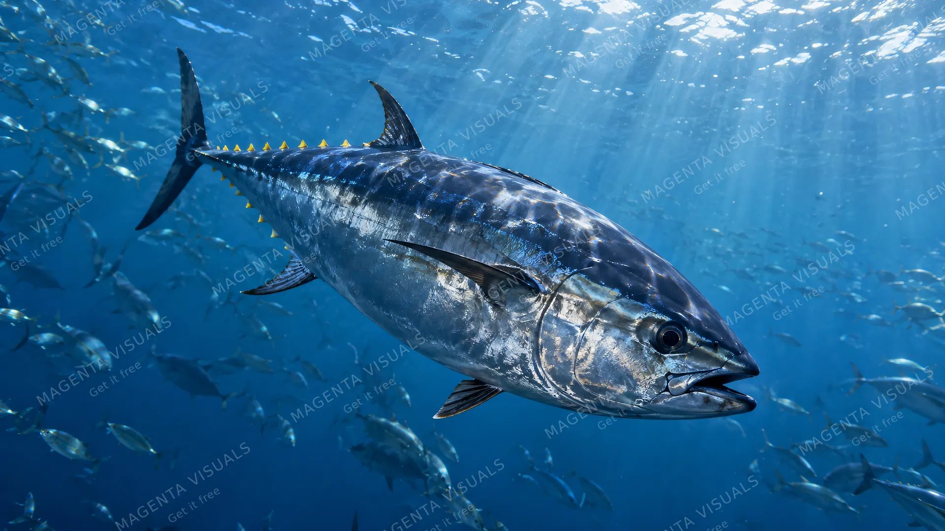 4K 16:9 widescreen desktop wallpaper, photoreal photograph of a tuna in action, bluefin torpedo through sun-shaft pelagic blue, school fragments.