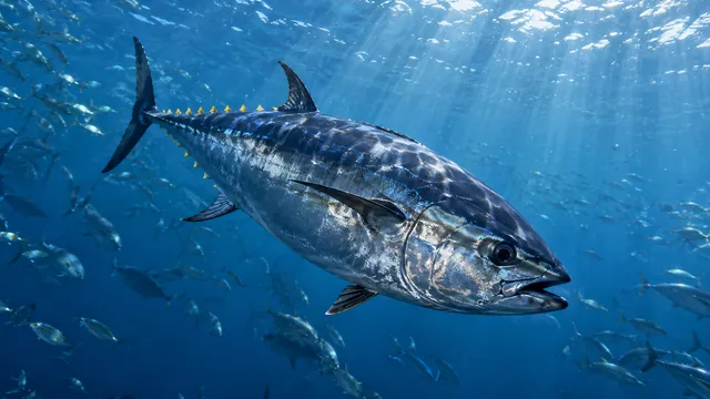 4K 16:9 widescreen desktop wallpaper, photoreal photograph of a tuna in action, bluefin torpedo through sun-shaft pelagic blue, school fragments.