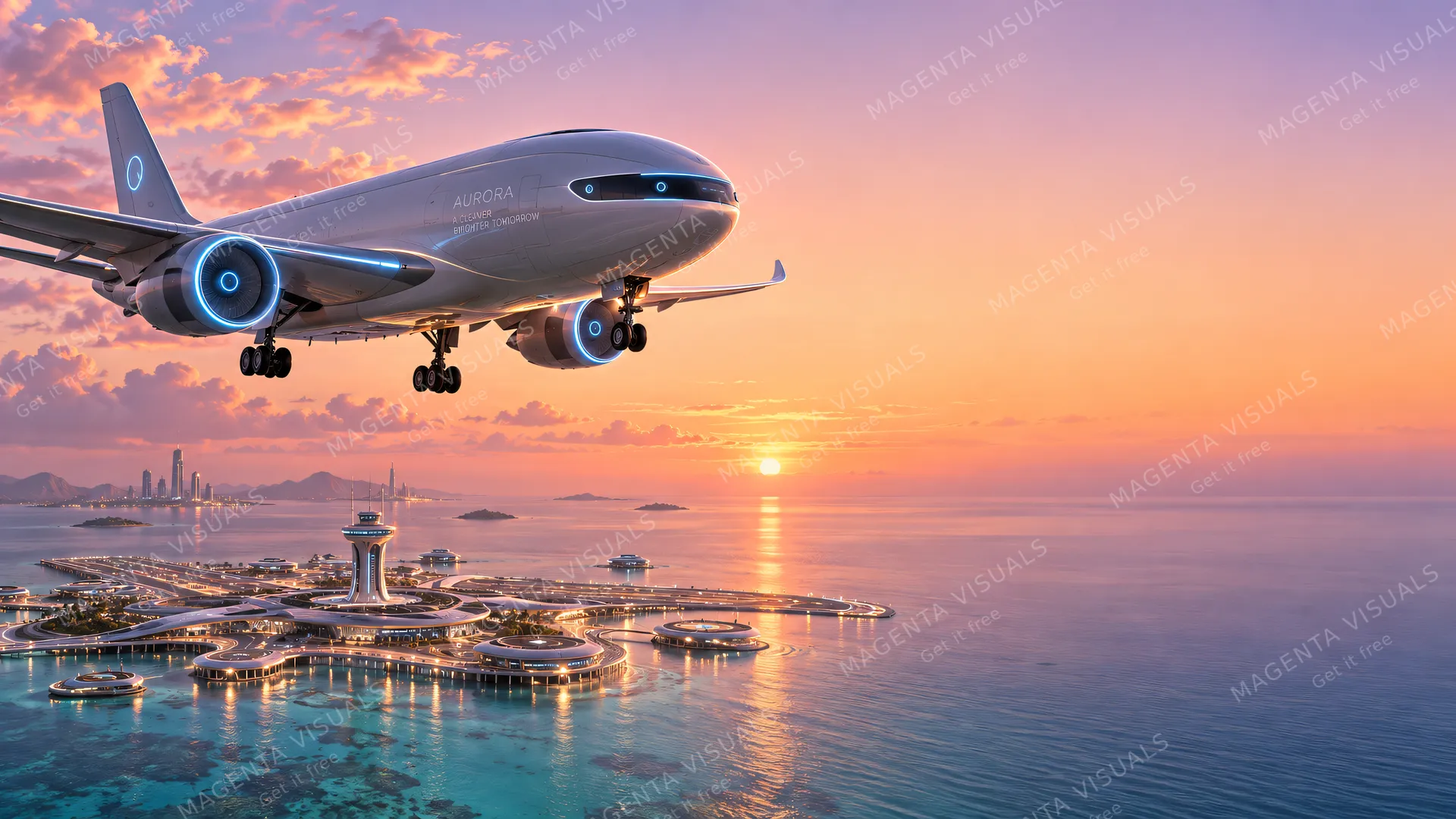 4K wallpaper of Wide 16:9 desktop wallpaper of a sleek autonomous passenger jet positioned on the left side of the frame, making a smooth sunset descent with streamlined sci-fi aerodynamics, glow…