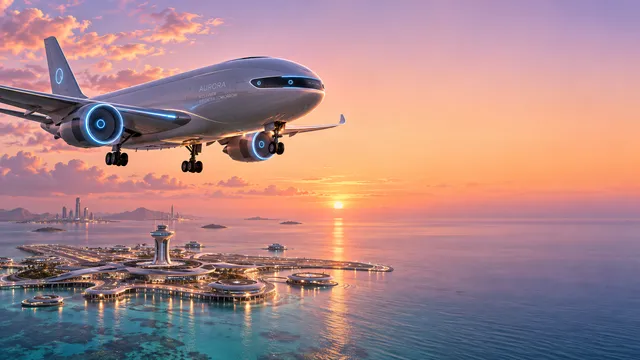 4K wallpaper of Wide 16:9 desktop wallpaper of a sleek autonomous passenger jet positioned on the left side of the frame, making a smooth sunset descent with streamlined sci-fi aerodynamics, glow…