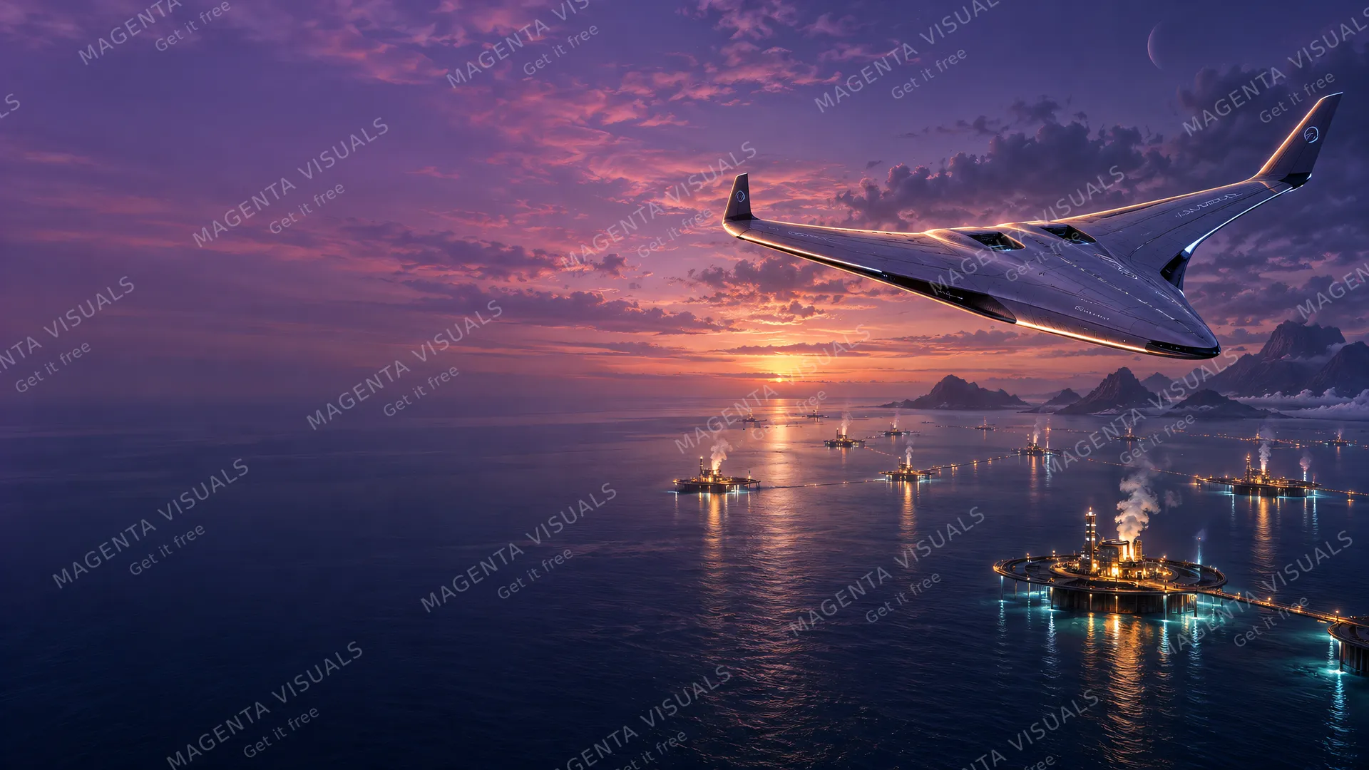 4K wallpaper of A futuristic blended wing aircraft soaring gracefully positioned on the right side of the composition, bathed in cinematic twilight illumination.