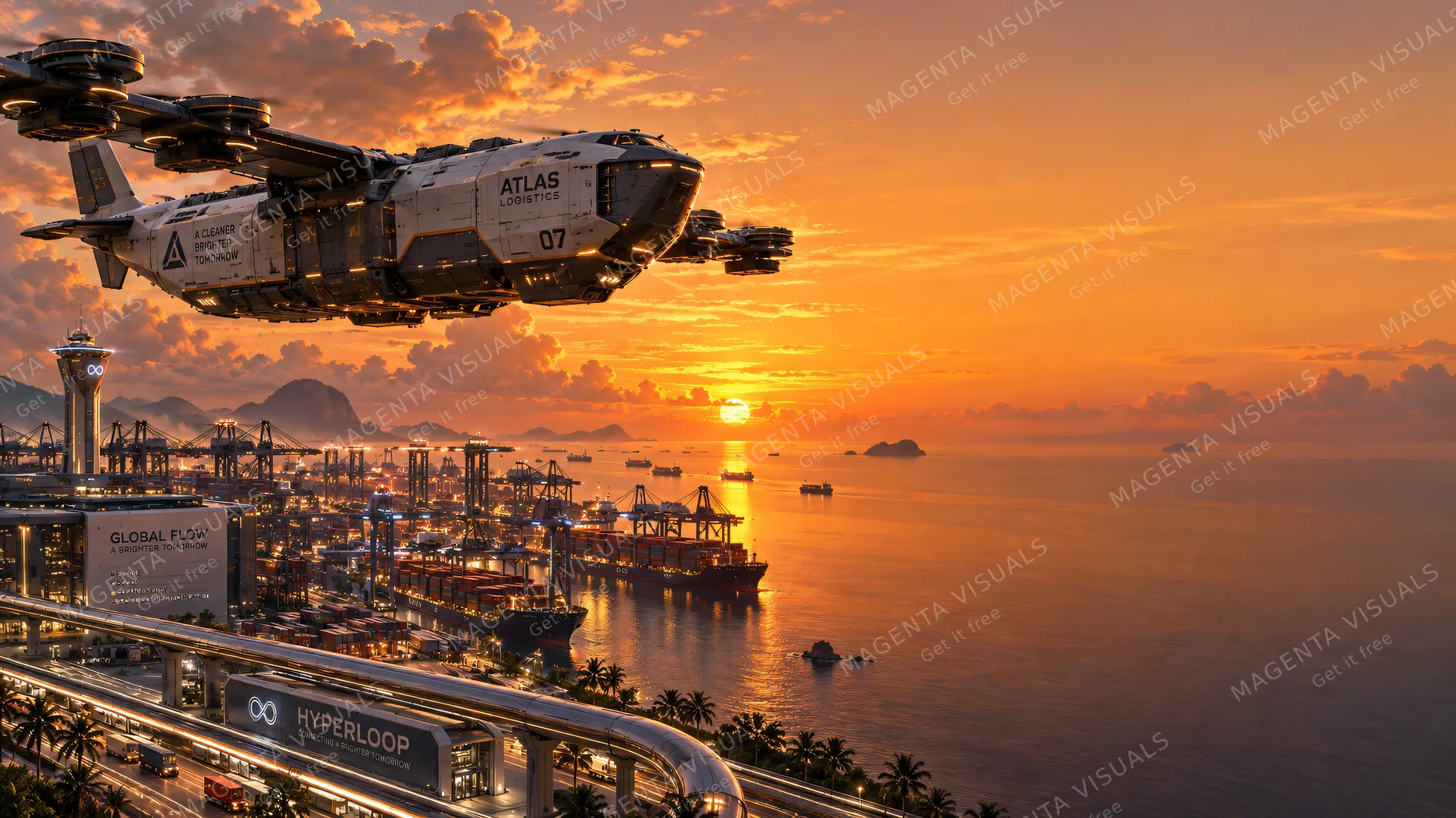 4K wallpaper of A massive heavy-lift futuristic cargo drone transport aircraft flying over an equatorial automated seaport and hyperloop logistics nexus, positioned entirely on the left side of t…