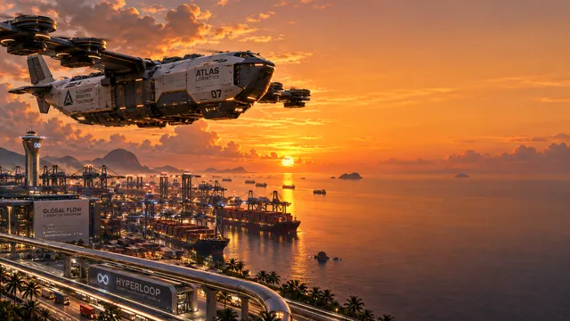 4K wallpaper of A massive heavy-lift futuristic cargo drone transport aircraft flying over an equatorial automated seaport and hyperloop logistics nexus, positioned entirely on the left side of t…