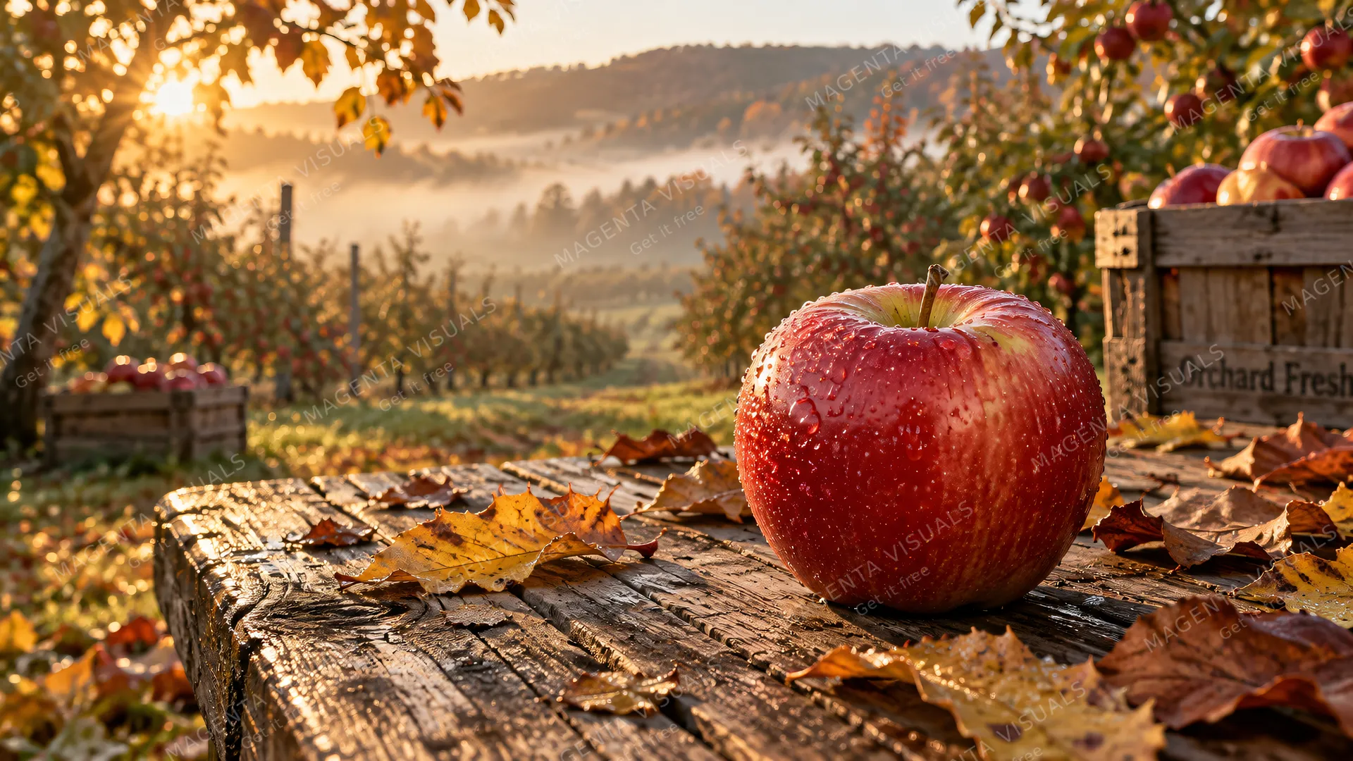4K 16:9 photoreal photograph of a crisp, bright red apple resting on an old, weathered wooden table in an apple orchard during the autumn season, surrounded by scattered golden, oran…