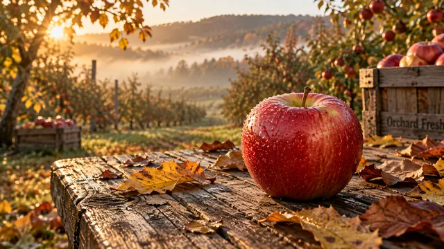 4K 16:9 photoreal photograph of a crisp, bright red apple resting on an old, weathered wooden table in an apple orchard during the autumn season, surrounded by scattered golden, oran…
