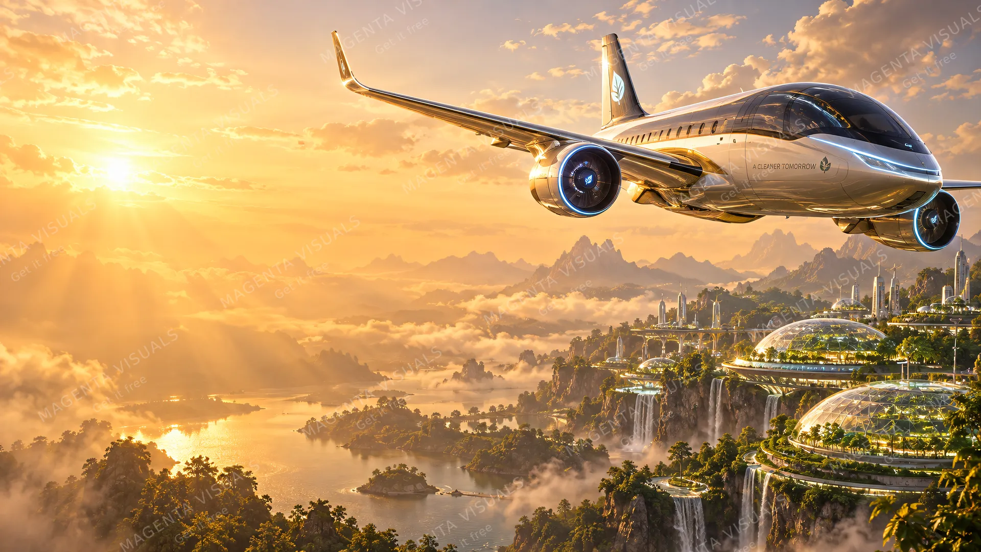 4K wallpaper of 16:9 widescreen desktop wallpaper of a sleek futuristic electric airplane dominating the right side of the frame, skimming above a lush solarpunk valley filled with glowing terrac…