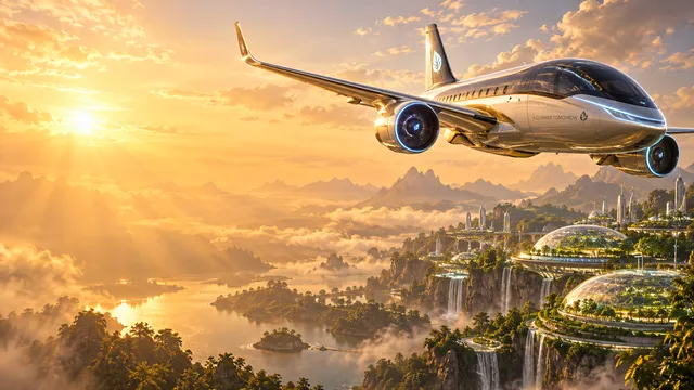 4K wallpaper of 16:9 widescreen desktop wallpaper of a sleek futuristic electric airplane dominating the right side of the frame, skimming above a lush solarpunk valley filled with glowing terrac…