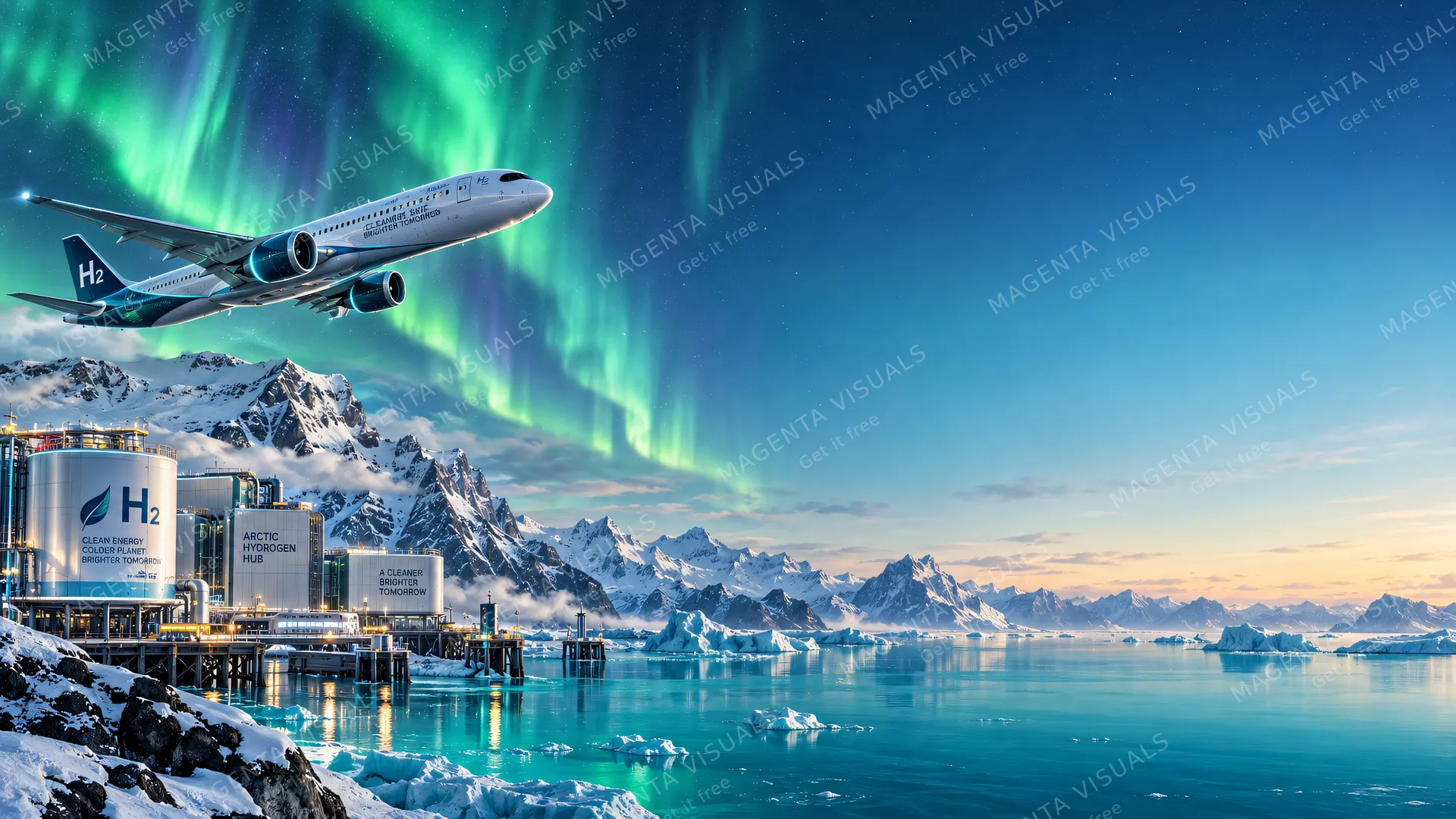 4K wallpaper of A sleek futuristic hydrogen-powered airplane positioned on the far left side, ascending over high-tech polar arctic hydrogen fuel docks and turquoise glacial fjords.