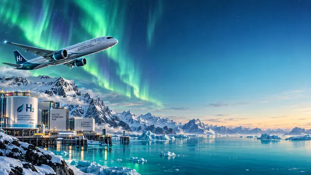4K wallpaper of A sleek futuristic hydrogen-powered airplane positioned on the far left side, ascending over high-tech polar arctic hydrogen fuel docks and turquoise glacial fjords.