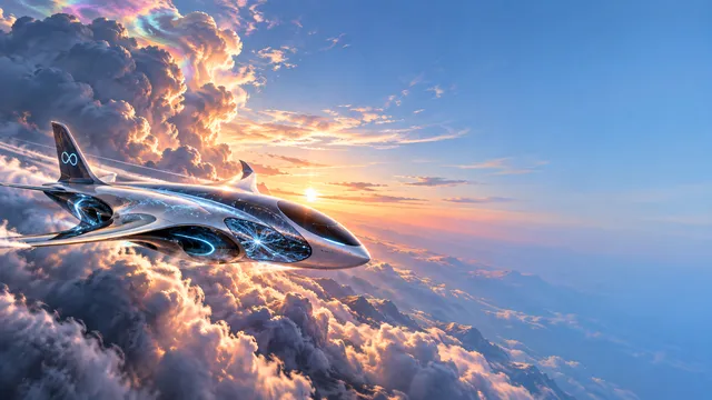 4K wallpaper of Concept-art photoreal sci-fi scene of a futuristic smart AI airplane on the left side, featuring morphing synthetic skin and luminescent internal neural fiber traces as it carves…