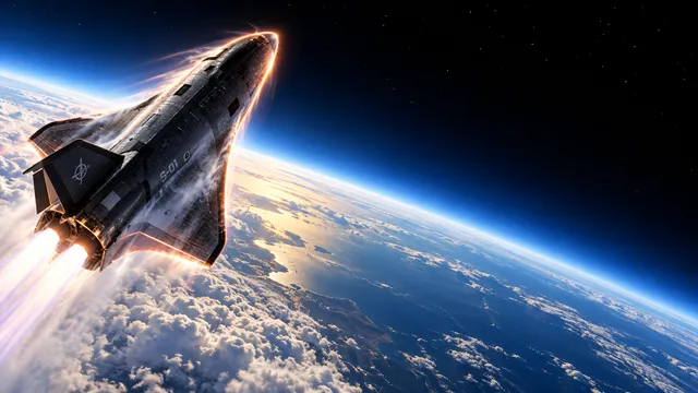 4K wallpaper of A breathtaking widescreen 16:9 desktop wallpaper of a futuristic sci-fi spaceplane executing a steep orbital ascent through the thermosphere.