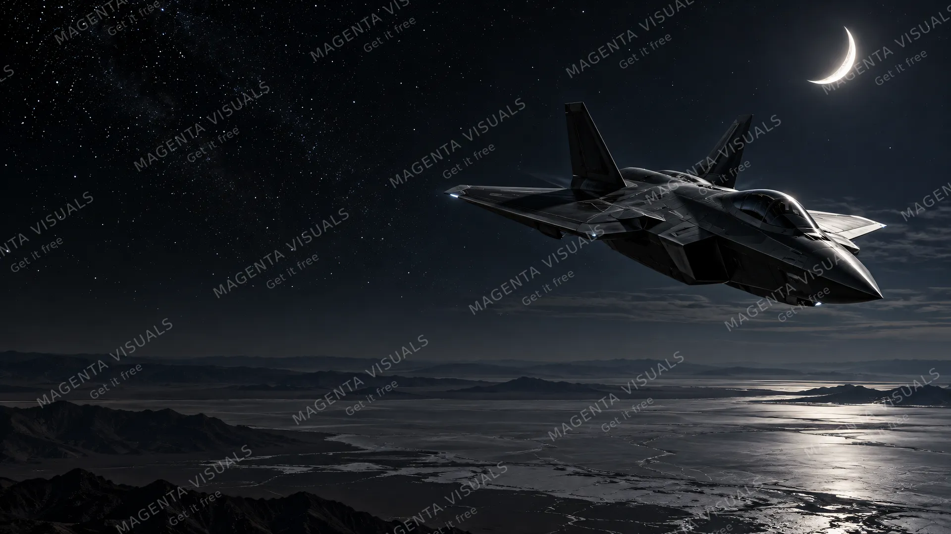 4K wallpaper of 16:9 widescreen desktop wallpaper concept-art photoreal sci-fi sky, midnight silent patrol high above expansive desert salt flats, a dark angular carbon composite stealth jet airf…