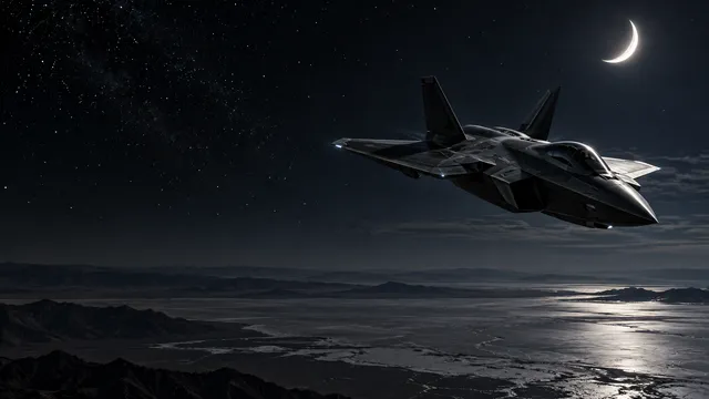 4K wallpaper of 16:9 widescreen desktop wallpaper concept-art photoreal sci-fi sky, midnight silent patrol high above expansive desert salt flats, a dark angular carbon composite stealth jet airf…