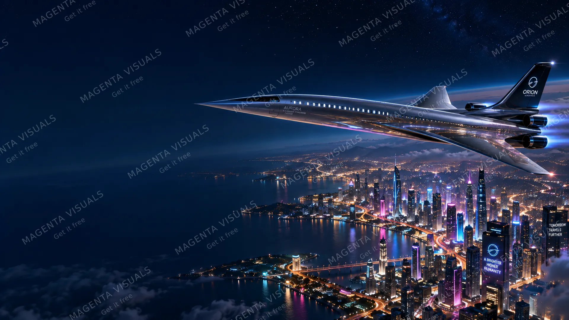 4K wallpaper of A photorealistic 16:9 widescreen concept art desktop wallpaper of a sleek futuristic supersonic airliner cruising through the high stratosphere at night.
