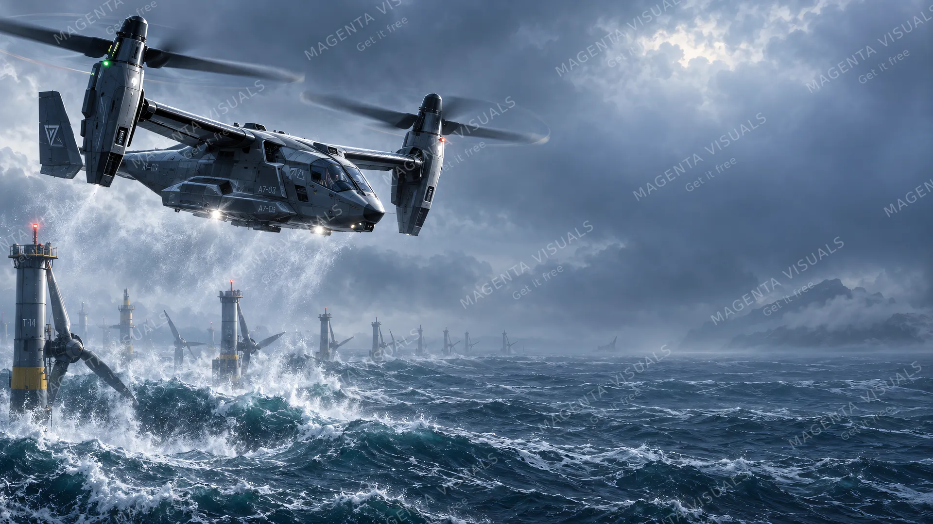 4K wallpaper of Concept-art photoreal sci-fi widescreen 16:9 desktop wallpaper of a futuristic tilt-rotor aircraft transitioning into forward flight over an offshore tidal turbine field in rough…