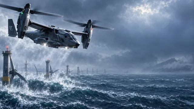 4K wallpaper of Concept-art photoreal sci-fi widescreen 16:9 desktop wallpaper of a futuristic tilt-rotor aircraft transitioning into forward flight over an offshore tidal turbine field in rough…