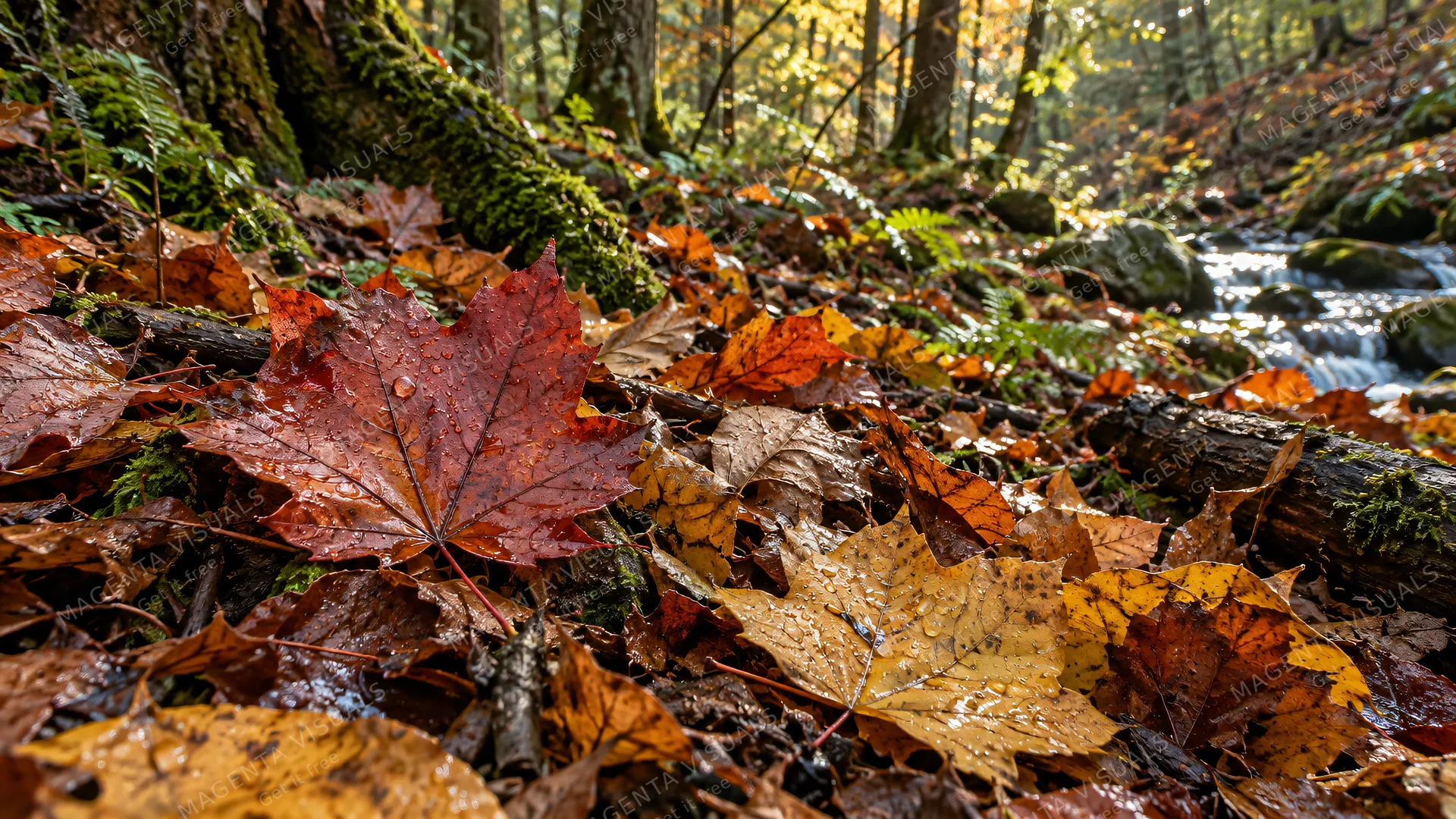 4K 16:9 photoreal photograph of vibrant autumn leaves scattered across a damp forest floor, rich hues of crimson, burnt orange, and golden yellow illuminated by soft, dappled natural…