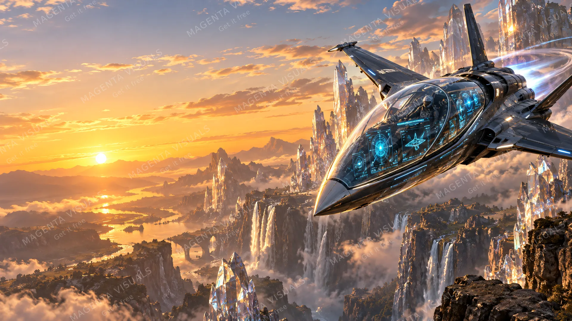 4K wallpaper of A futuristic jet with an expansive panoramic transparent fuselage framing glowing holographic avionics positioned on the right side of the frame, banking sharply over an awe-inspi…
