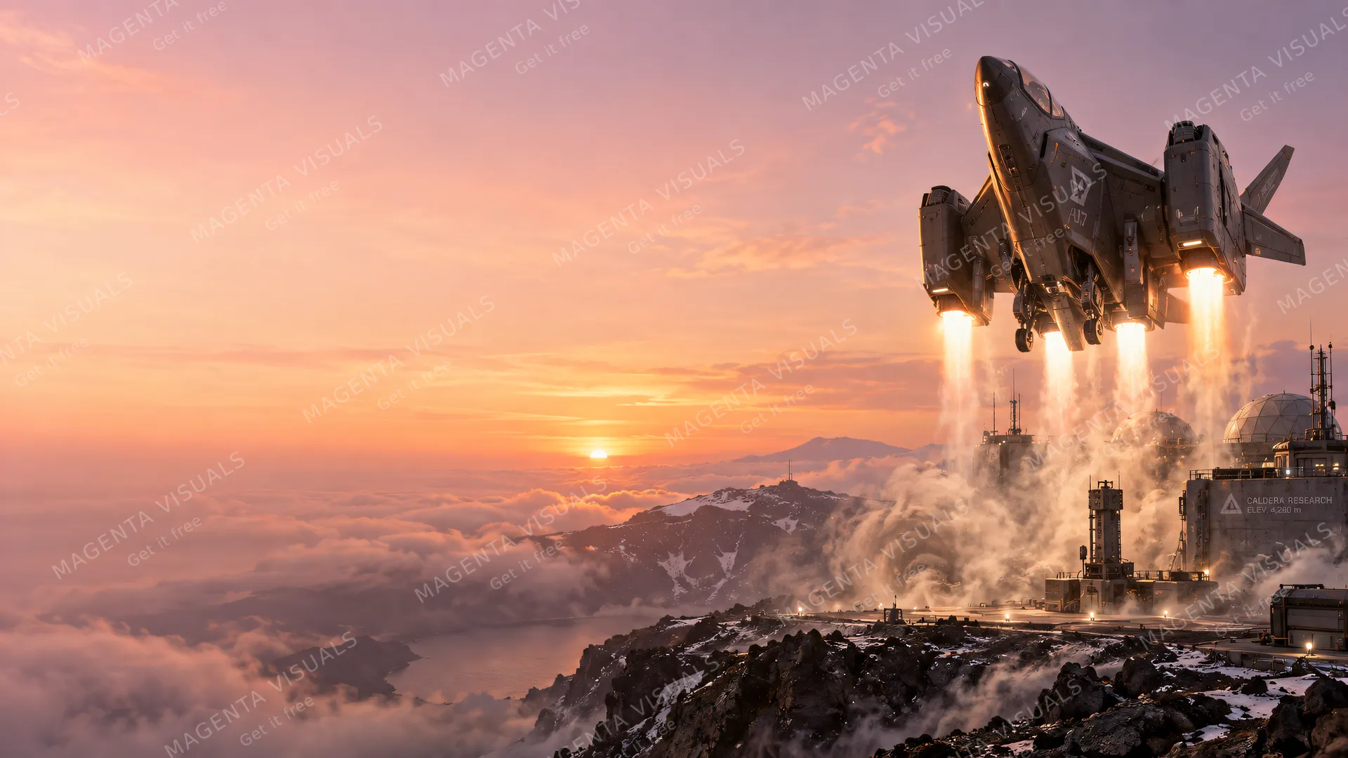 4K wallpaper of A photoreal sci-fi vertical takeoff jet ascending on the right side of the composition, its intense vectored thruster plumes creating swirling dust eddies as it lifts off from a r…