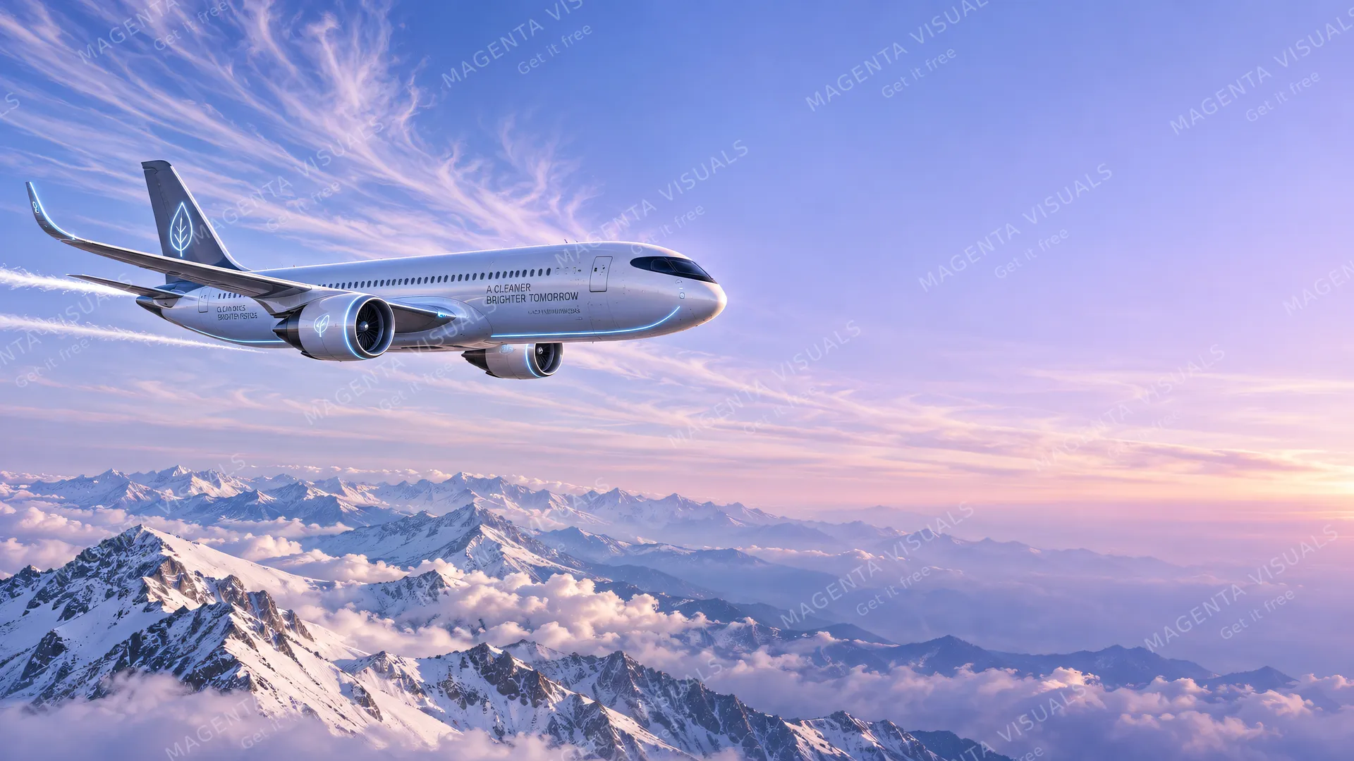 4K wallpaper of Concept-art photoreal sci-fi 16:9 widescreen desktop wallpaper of a whisper-quiet ultra-clean zero-emission airliner gliding through crystalline cirrus streaks over snow-dusted mo…