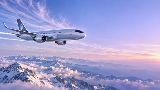 4K wallpaper of Concept-art photoreal sci-fi 16:9 widescreen desktop wallpaper of a whisper-quiet ultra-clean zero-emission airliner gliding through crystalline cirrus streaks over snow-dusted mo…