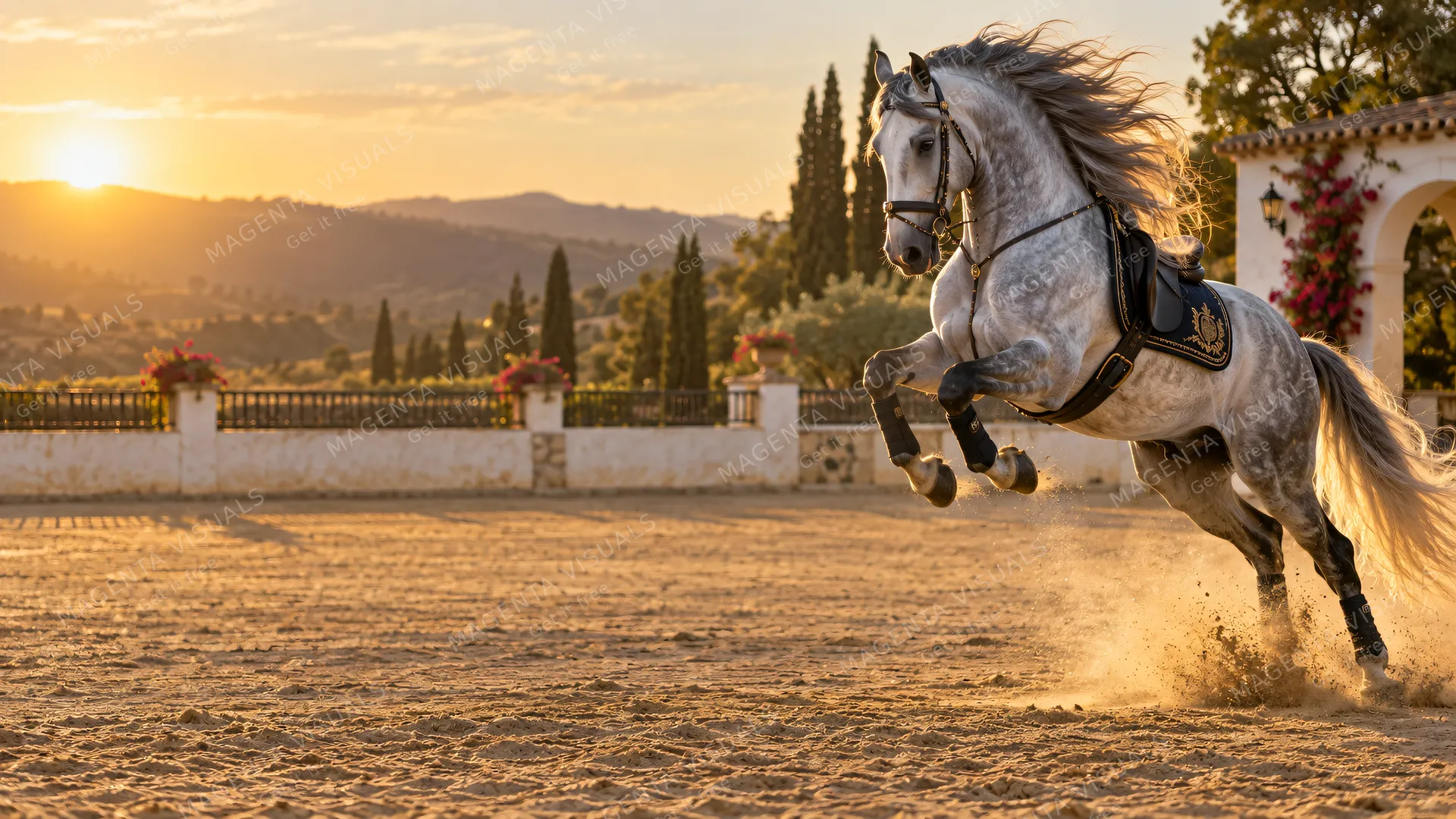 4K 16:9 widescreen desktop wallpaper featuring a breathtaking grey Andalusian in a collected leap on the right of a sunlit arena, left empty sand.