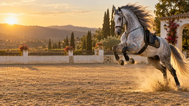 4K 16:9 widescreen desktop wallpaper featuring a breathtaking grey Andalusian in a collected leap on the right of a sunlit arena, left empty sand.