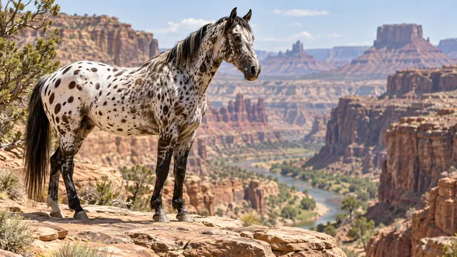 4K 16:9 widescreen desktop wallpaper photoreal photograph of a beautiful Appaloosa horse displaying distinct blanket spots in a canyon at noon, a quiet still moment captured with hea…