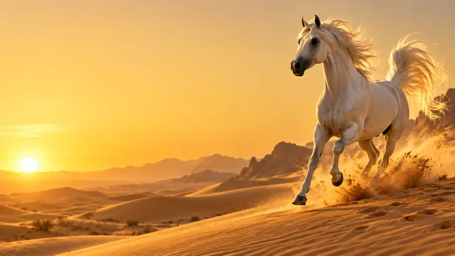 4K 16:9 widescreen desktop wallpaper of a majestic Arabian horse in action, showcasing its distinctive dished face and flag tail during a liberty gallop on the right side of a sunlit…