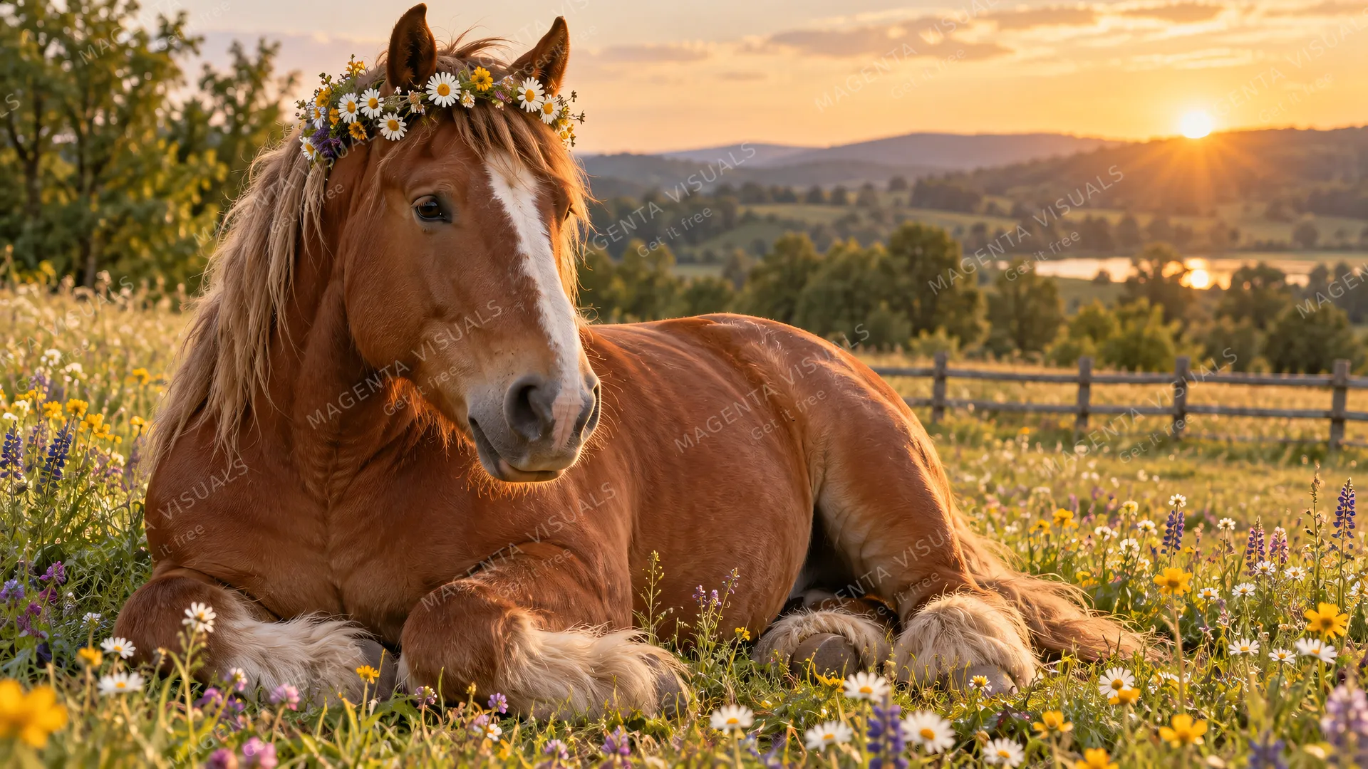 4K 16:9 widescreen desktop wallpaper, cute pet photo, quiet still, a gentle Belgian Draft sorrel giant with a flower crown of meadow daisies, showing a kind eye.