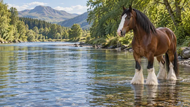 4K A quiet still 16:9 widescreen desktop wallpaper featuring a bay Clydesdale horse with white feathers standing in a river on the right side of the composition.