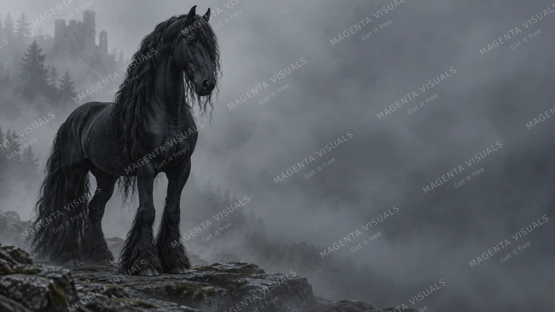 4K 16:9 widescreen desktop wallpaper featuring a majestic black Friesian in thick fog, with its heavily feathered feet visible on the left side of the composition, while the right ha…